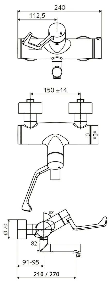 Aufputz-Waschtisch-Armatur VITUS VW-AH-T, Mischwasser, Thermostat, Auf/Zu, 2 RFV, 2x DN 15 G 1/2 AG, Ausladung bis Mitte Strahlregler: 270 mm, chrom