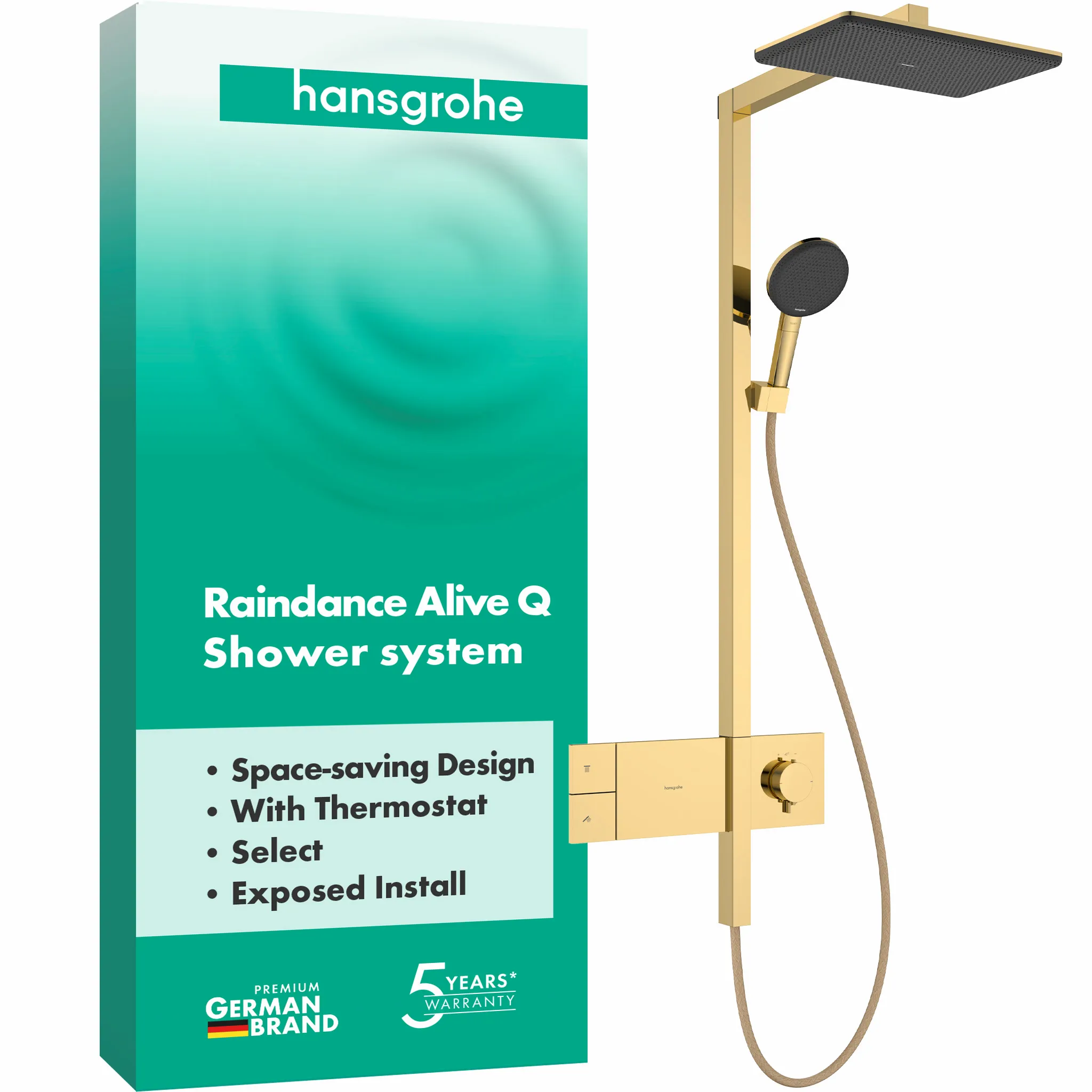 Hansgrohe Raindance Alive Q Showerpipe 210/340 1jet mit Thermostat PGO, Polished Gold Optic, 214 x 343 mm Brausekopfgröße, Aufputzinstallation