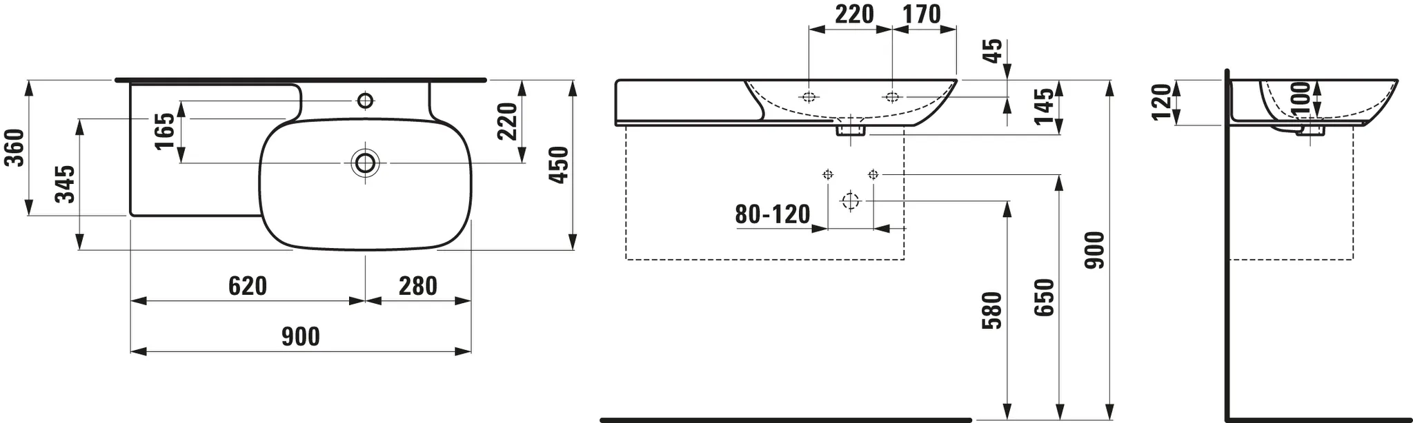 Waschtisch INO 450x900x145 1 Hahnloch mit Überlauf Ablage links weiß