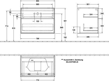 Villeroy & Boch Waschtischunterschrank „Finion“ für Schrankwaschtisch 80 × 60,3 × 50,1 cm 2 Schubladen, für Waschtischposition mittig