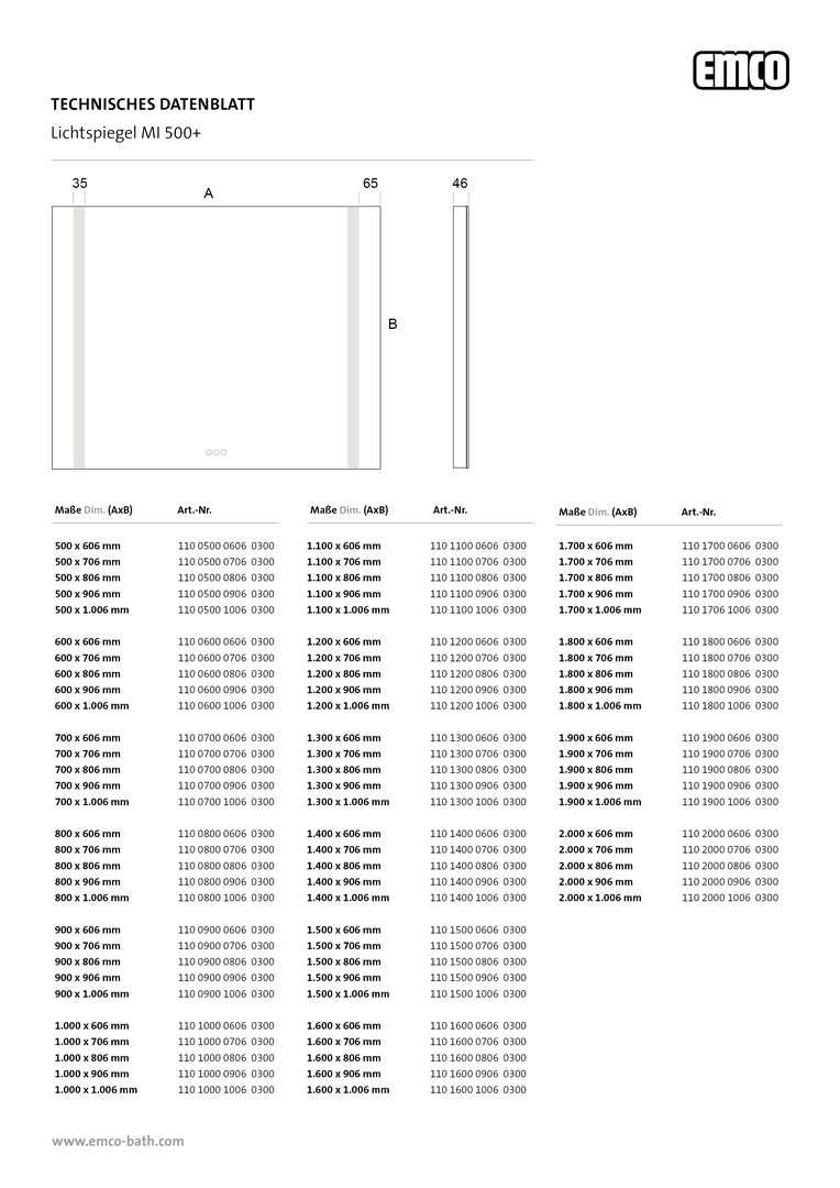 emco Lichtspiegel mit Touch-Bedienfeld „MI 500+“ 50 × 60,6 cm