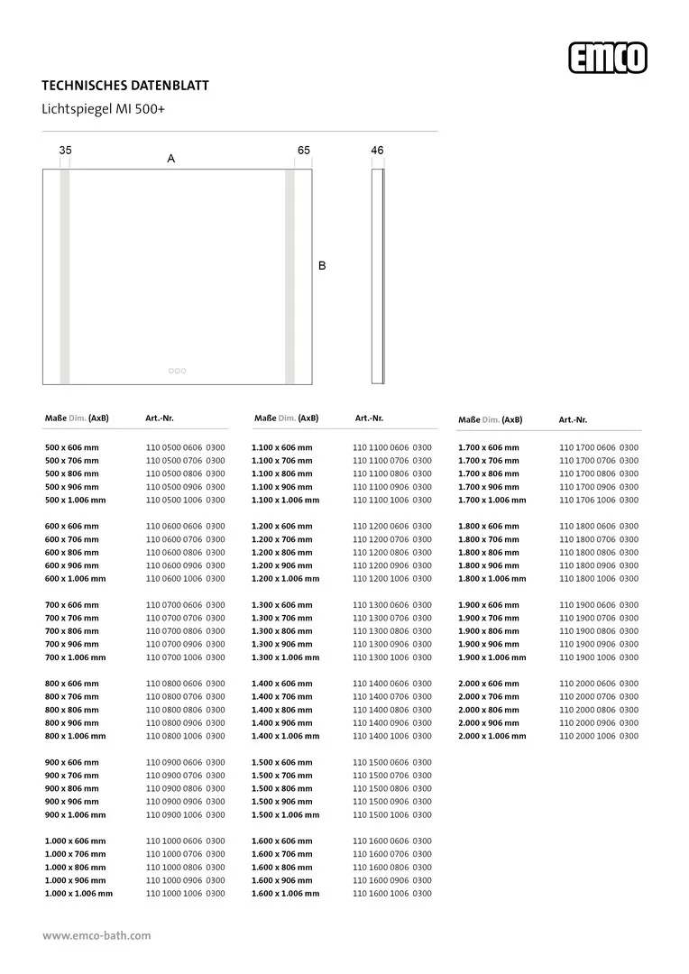 emco Lichtspiegel mit Touch-Bedienfeld „MI 500+“ 100 × 90,6 cm