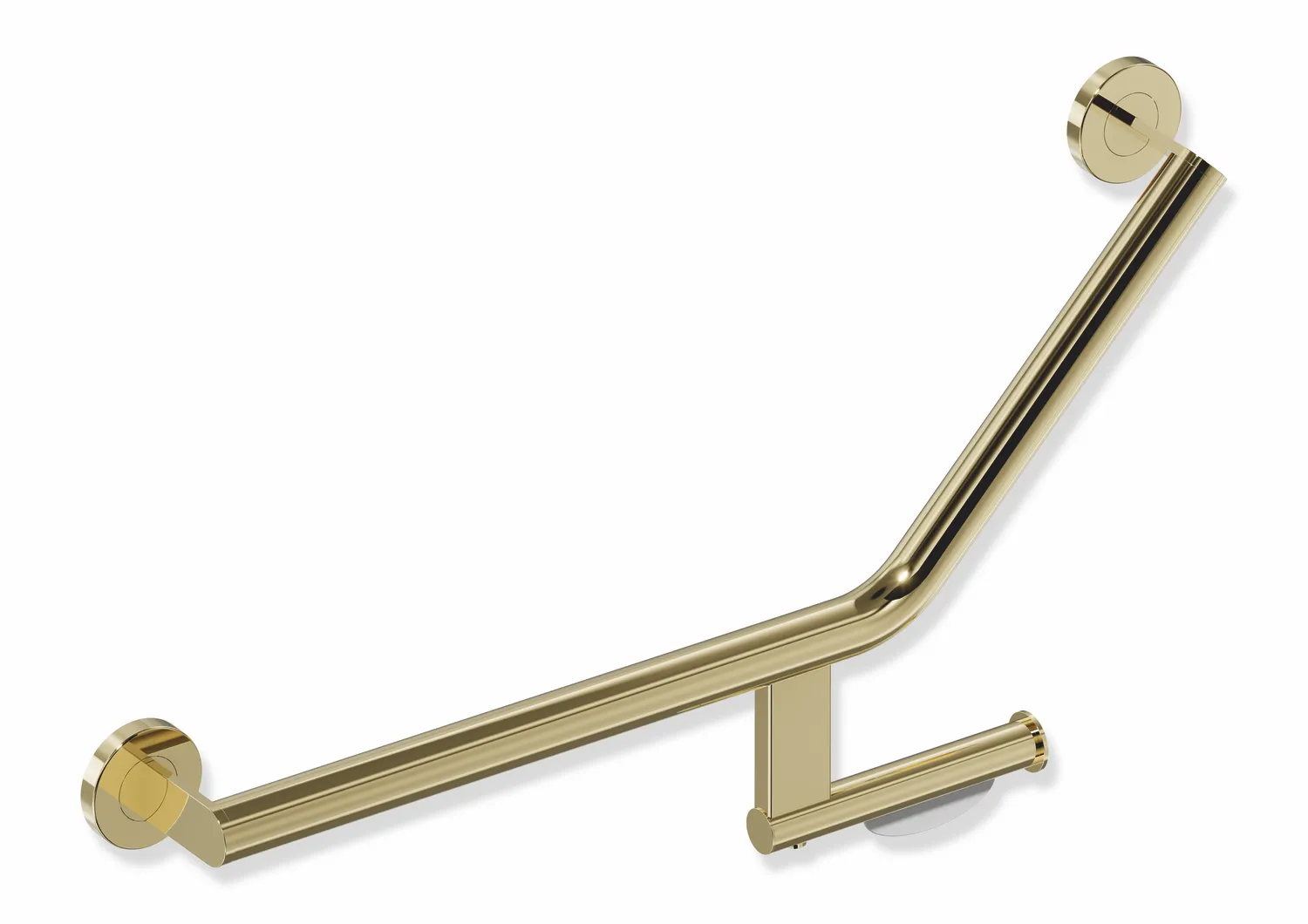 Winkelgriff mit Papierrollenhalter des Systems 900, Edelstahl, PVD, Achsmaße 620 mm und 283 mm, Winkel 135°, D: 32 mm, Ausführung links, in Farbe CK (Messing glänzend) Winkelgriff mit Papierrollenhalter des Systems 900, Edelstahl, PVD, Achsmaße 620 mm und 283 mm, Winkel 135°, D: 32 mm, Ausführung links, in Farbe CK (Messing glänzend)