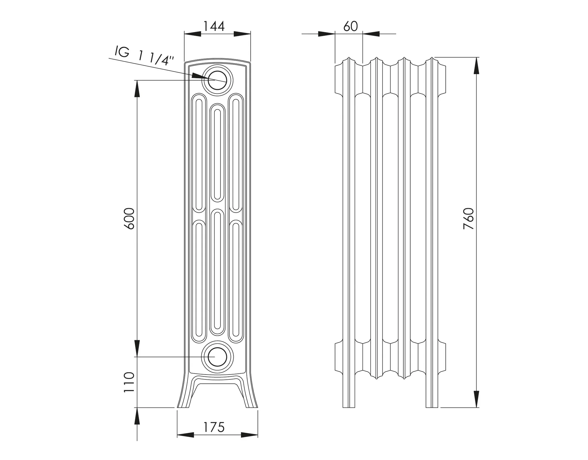 ASW Gussradiator 17 Glieder Nabenabstand 600 mm „Stockholm“ 102 × 76 × 22,1 cm
