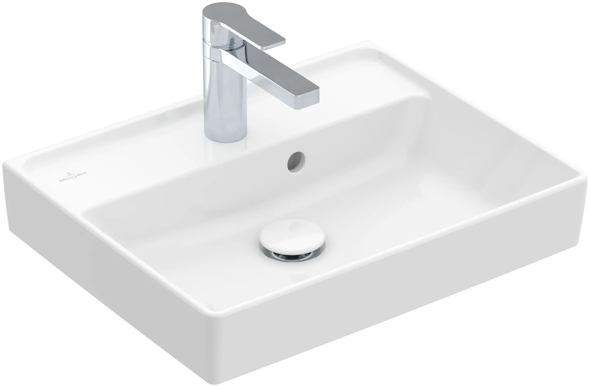 Villeroy & Boch Handwaschbecken aus TitanCeram geschliffen „Collaro“ 500 × 400 × 150 mm, mit Hahnlochbohrung, Hahnlochposition mittig in Weiß Alpin