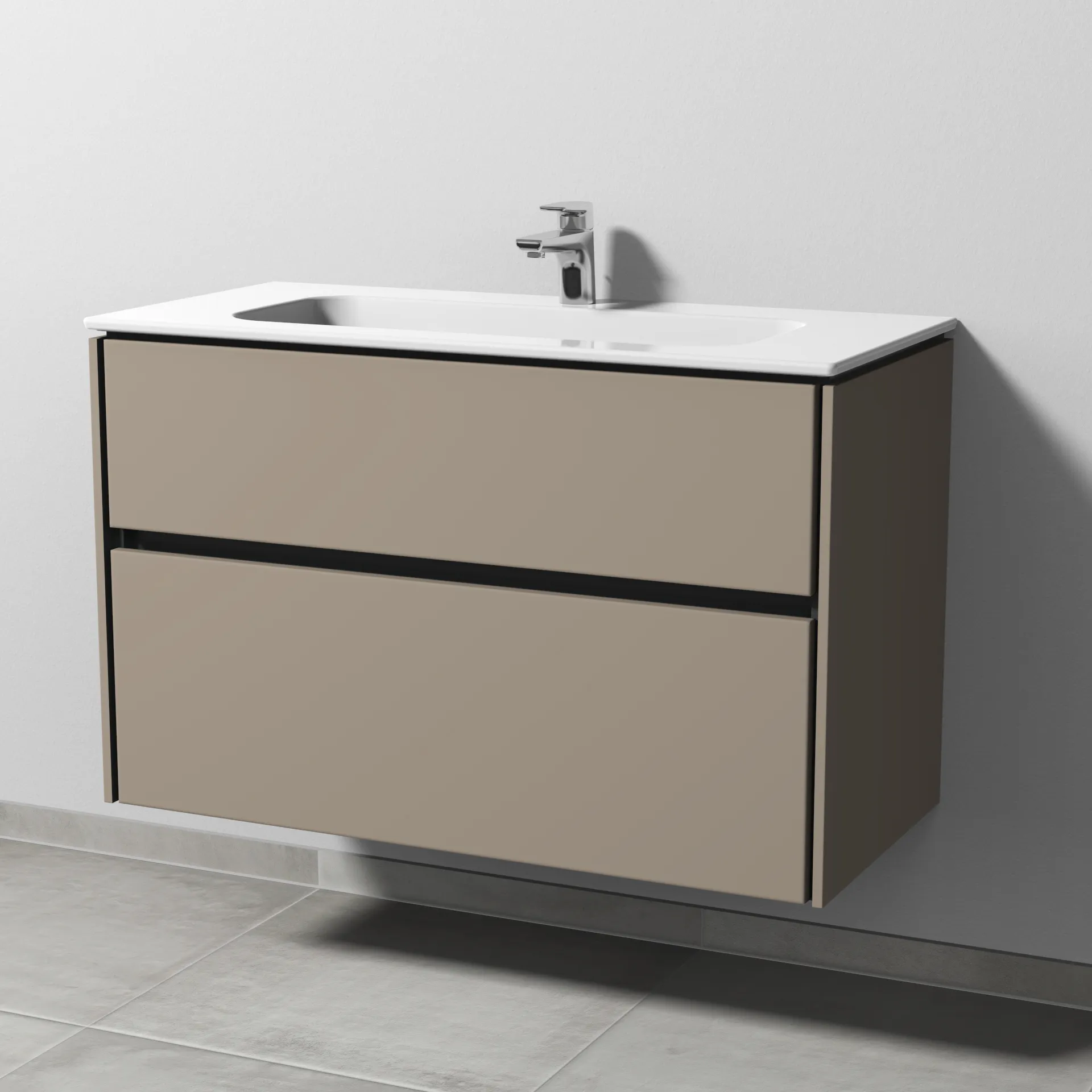Keramik-Waschtisch-Set mit Waschtischunterschrank „Twiga“ 99 × 46 × 61 cm in Sandgrau (matt), ohne Beleuchtung, mit Hahnlochbohrung Keramik-Waschtisch-Set mit Waschtischunterschrank „Twiga“ 99 × 46 × 61 cm in Sandgrau (matt), ohne Beleuchtung, mit Hahnlochbohrung