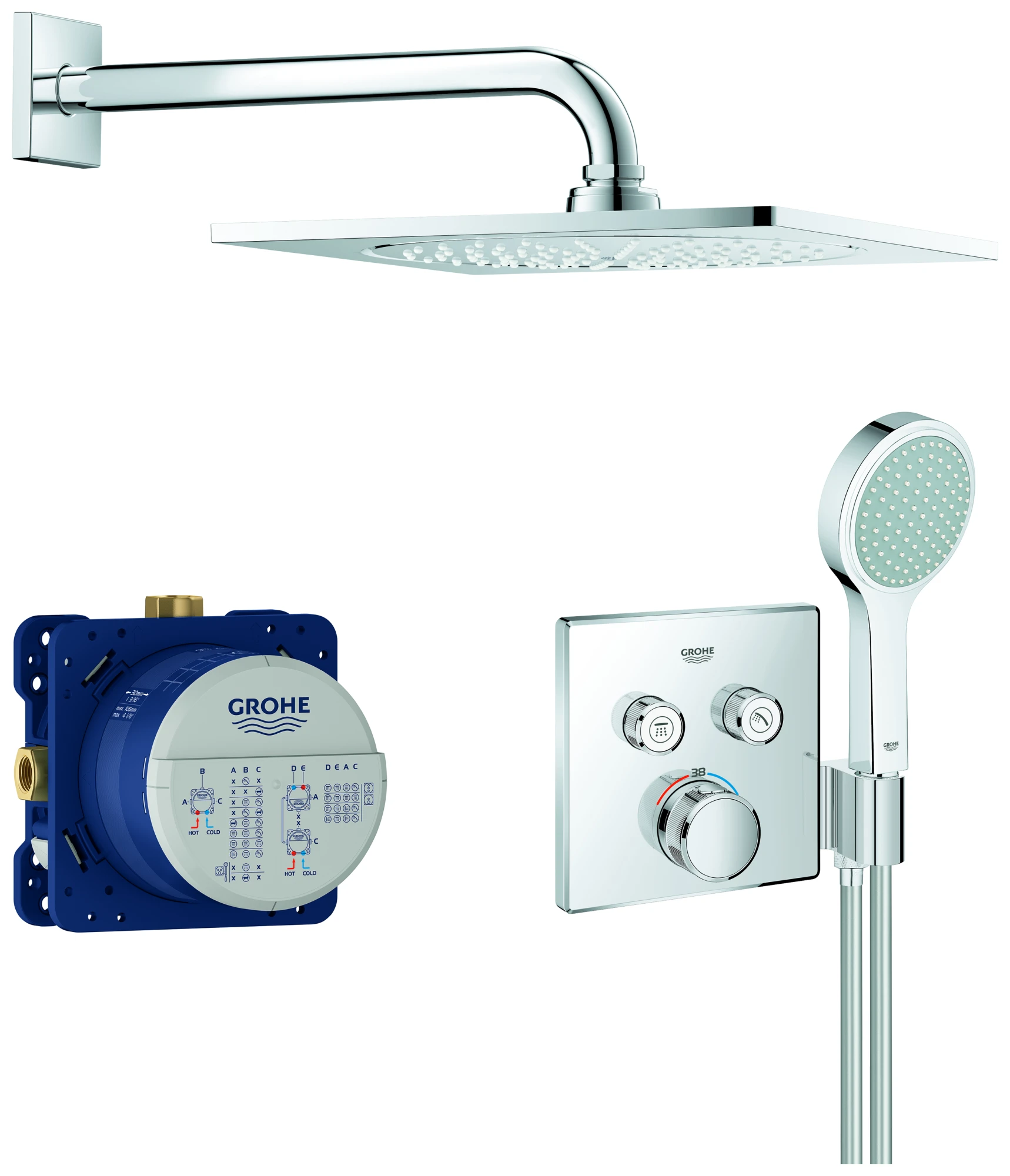 Duschsystem Unterputz Grohtherm SmartControl 34742, mit Unterputz-Thermostat mit 2 Absperrventilen und integriertem Brausehalter, Rainshower F-Series 10“ Kopfbrauseset, chrom