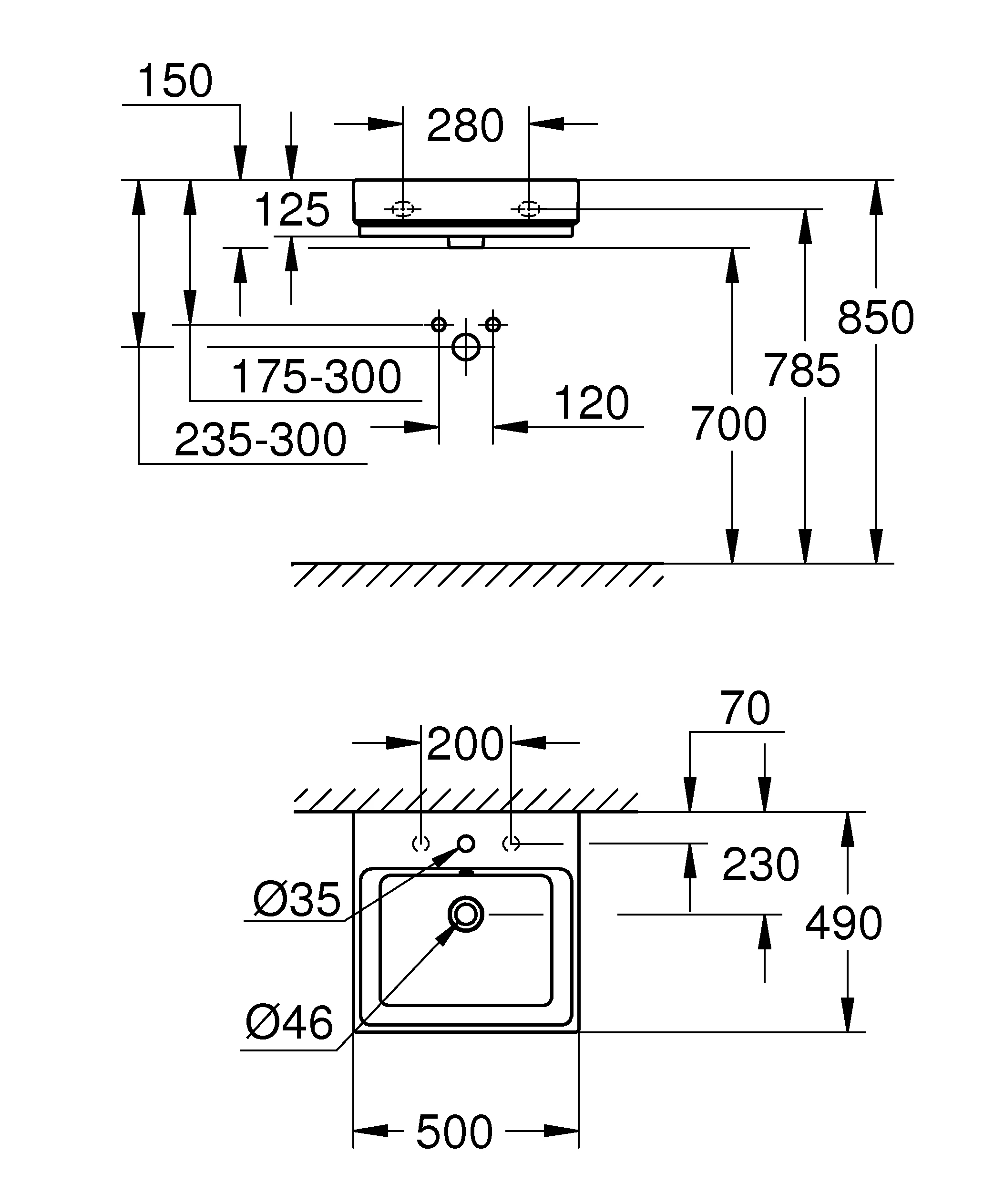 Waschtisch Cube Keramik 39474_H, wandhängend, 500 x 490 mm, 1 Hahnloch, 2 weitere vorgestochen, mit Überlauf, PureGuard Hygieneoberfläche, aus Sanitärkeramik, alpinweiß