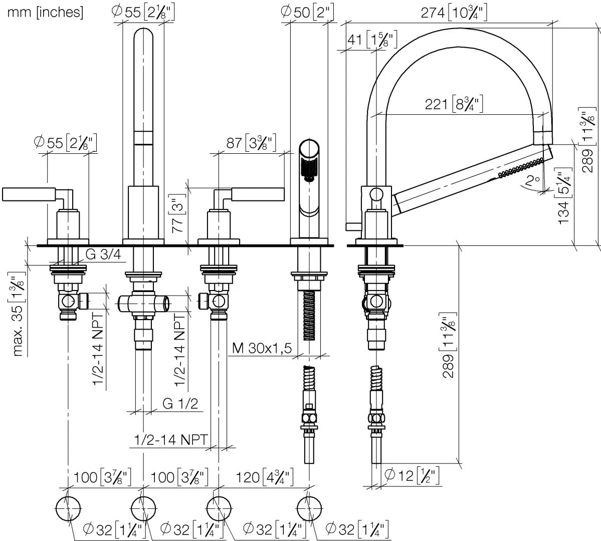 Wannen-Vierlochbatterie für Wannenrand- bzw. Fliesenrandmontage TARA Chrom 27512882