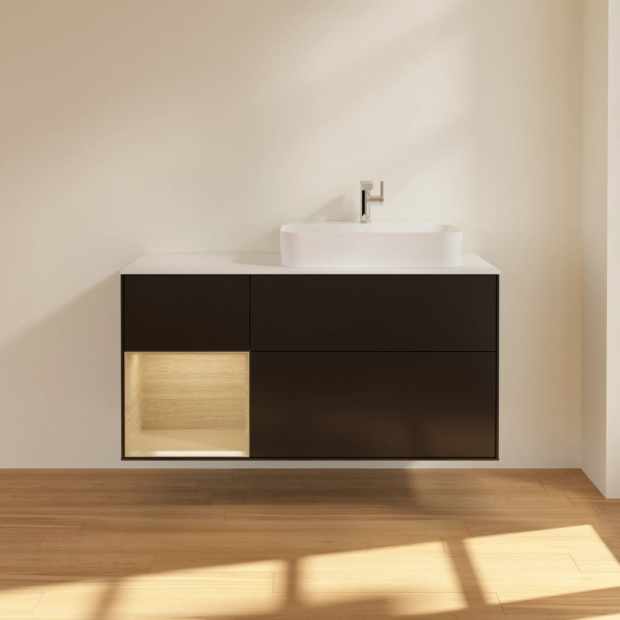 Villeroy & Boch Waschtischunterschrank „Finion“ für Schrankwaschtisch 1200 × 603 × 501 mm Black Matt Lacquer, für Becken rechts Villeroy & Boch Waschtischunterschrank „Finion“ für Schrankwaschtisch 1200 × 603 × 501 mm Black Matt Lacquer, für Becken rechts