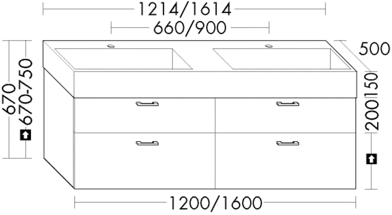 Mineralguss-Waschtisch Crono inkl. Waschtischunterschrank, Mineralguss-Waschtisch;Beckenmaß 670x330 mm;Muldentiefe: 130 mm;Waschtischunterschrank;2 Schubladen oben, 350 mm tief, mit Siphonausschnitt;2 Auszüge unten, 350 mm tief;inkl. cleanFlow, Tiefe: 50 Mineralguss-Waschtisch Crono inkl. Waschtischunterschrank, Mineralguss-Waschtisch;Beckenmaß 670x330 mm;Muldentiefe: 130 mm;Waschtischunterschrank;2 Schubladen oben, 350 mm tief, mit Siphonausschnitt;2 Auszüge unten, 350 mm tief;inkl. cleanFlow, Tiefe: 50