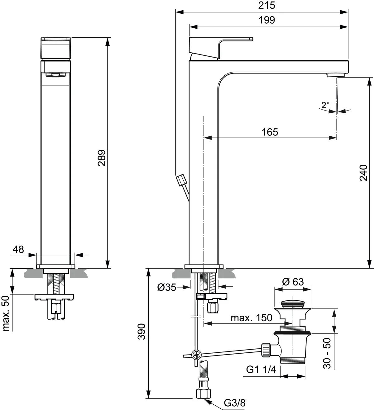Waschtischarmatur Edge, mit verlängertem Sockel, 5 l/min., mit Ablaufgarnitur, Ausladung 165mm, Chrom Waschtischarmatur Edge, mit verlängertem Sockel, 5 l/min., mit Ablaufgarnitur, Ausladung 165mm, Chrom