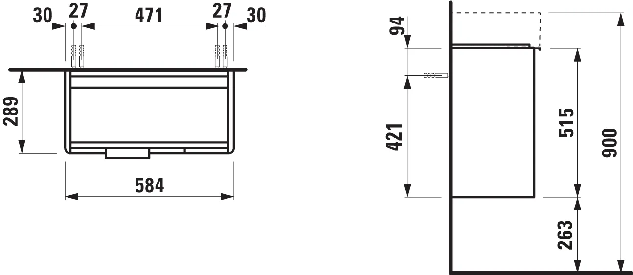 Waschtischunterbau BASE für VAL 289x584x515 2 Türen mit Griff links aluminium eloxiert für Waschtisch H815285 weiß matt