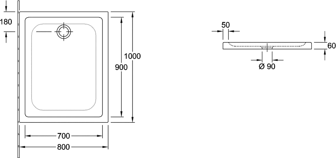 Villeroy & Boch rechteck Duschwanne „O.novo Plus“ 100 × 80 cm