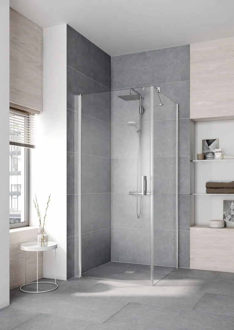 Kermi Duschtür Pendeltür 1-flügelig links für Ecke „PEGA“ Glas Klar, Profile Silber Hochglanz, BV: 715 - 740 mm GAK: 700 - 725 mm WE: 725 - 750 mm H: 1850 mm