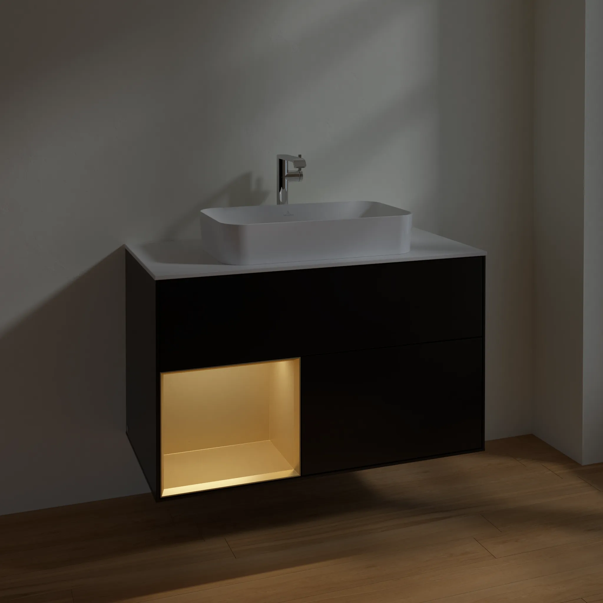 Villeroy & Boch Waschbeckenunterschrank Finion F24, 1000x603x501 mm, Black Matt Lacquer mit Gold Regal, Beleuchtung dimmbar, Push-to-open, SoftClosing Villeroy & Boch Waschbeckenunterschrank Finion F24, 1000x603x501 mm, Black Matt Lacquer mit Gold Regal, Beleuchtung dimmbar, Push-to-open, SoftClosing