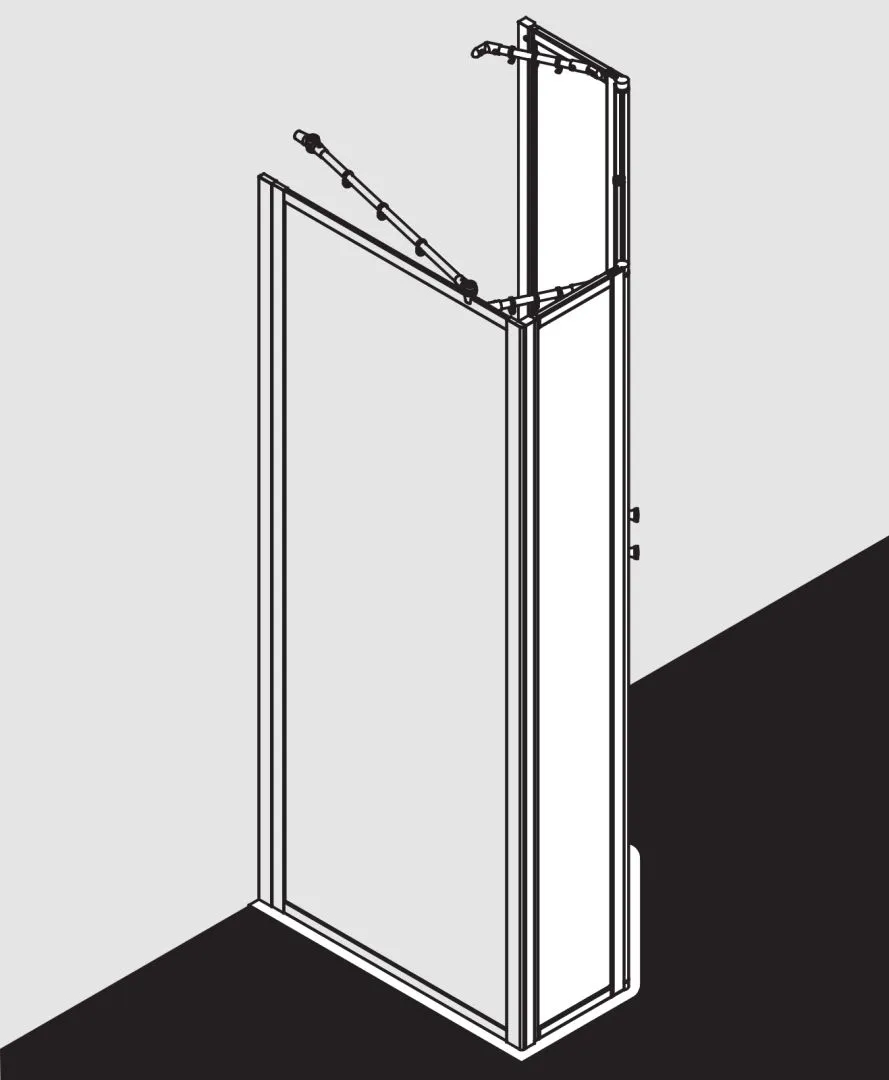Kermi Duschdesign Fünfeck-Duschkabine mit Pendeltüren mit Festfeldern „NOVA 2000“ Glas Kerolan Fontana, Profile Silber Mattglanz, Anschlag links und rechts, Drehtür zweiteilig BV: 775 - 800 mm WE: 785 - 810 mm H: 1850 mm
