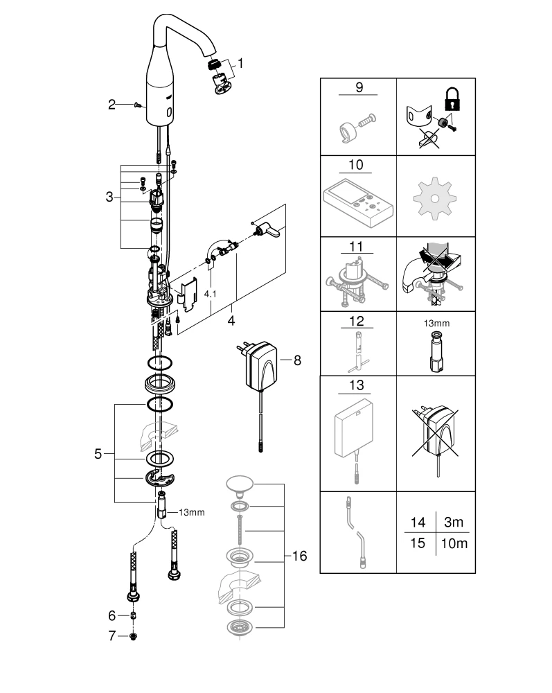 Infrarot-Elektronik für Waschtisch Essence E 36444, DN 15 mit Mischung und variabel einstellbarem Temperaturbegrenzer, mit Steckertrafo 100-230 V AC, 50-60 Hz, 6 V DC, Laminarstrahlregler 5,7 l/min, chrom