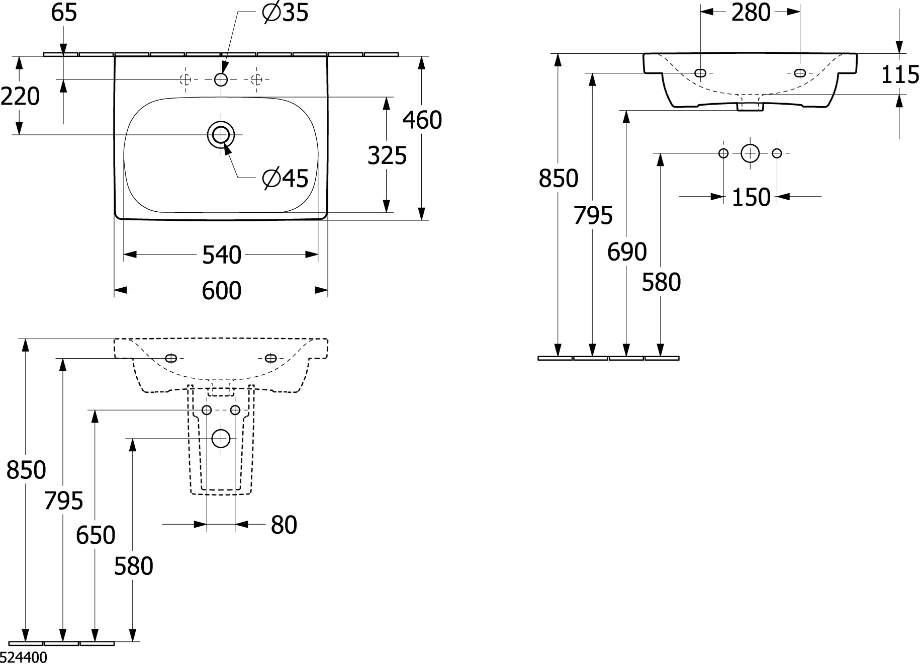 Villeroy & Boch Skyla Waschbecken 600x460mm Rechteck Weiß Alpin
