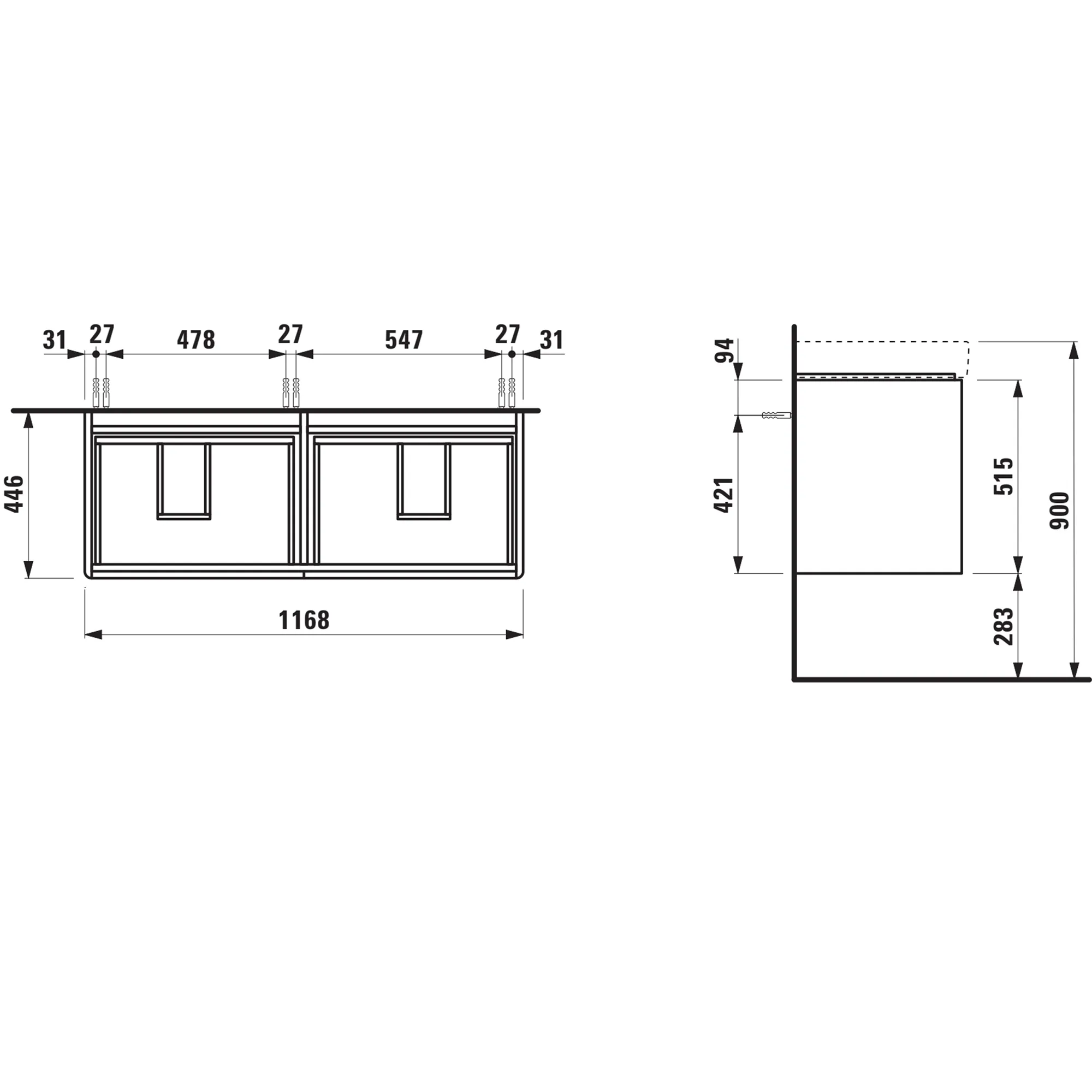 Waschtischunterbau BASE 2.0 für PRO S 446x1168x515 4 Schubladen mit Griffmulde für Waschtisch H814966 weiß matt