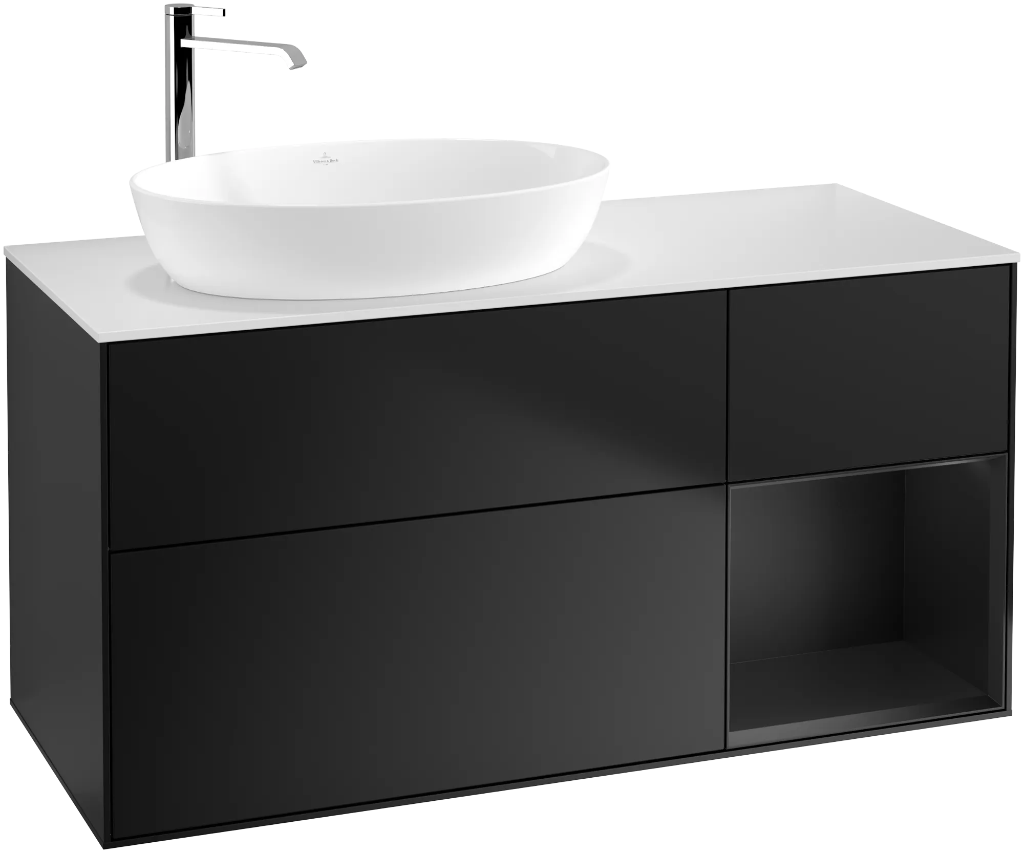 Villeroy & Boch Finion Waschbeckenunterschrank F93, 1200x603x501mm, Black Matt Lacquer / Glass White Matt