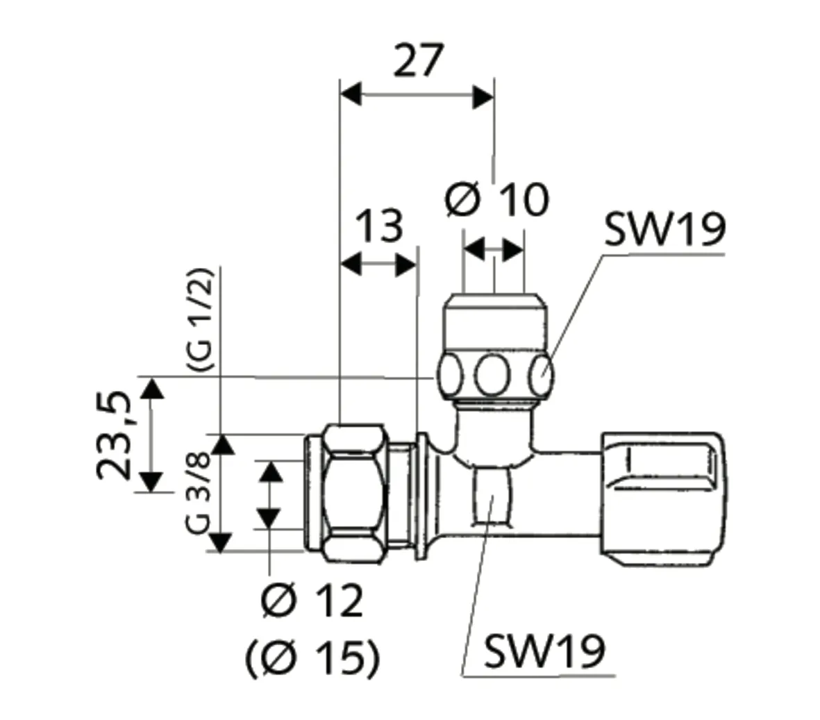 Eckventil mit Regulierfunktion COMFORT, COMFORT-Griff, Messing-Klemmring-Verschraubung Ø 15 (DN 15 G 1/2 AG), Ø 10 mm (DN 10 G 3/8 AG), chrom