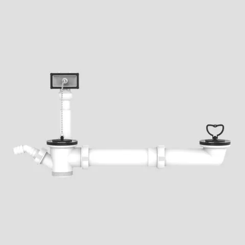Ab- u. Überlaufgarnitur G1 1/2 × max. 440 mm, exzentrisch, 2 Stopfen mit Kette/Bügel Ab- u. Überlaufgarnitur G1 1/2 × max. 440 mm, exzentrisch, 2 Stopfen mit Kette/Bügel