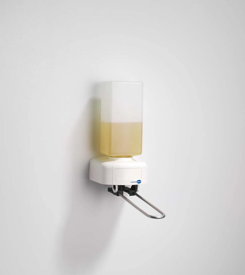 Schneider Masterspend Seifen-/Desinfektionsmittelspender, Armhebel, 210 mm, Einwegflaschen 0,5 L Schneider Masterspend Seifen-/Desinfektionsmittelspender, Armhebel, 210 mm, Einwegflaschen 0,5 L