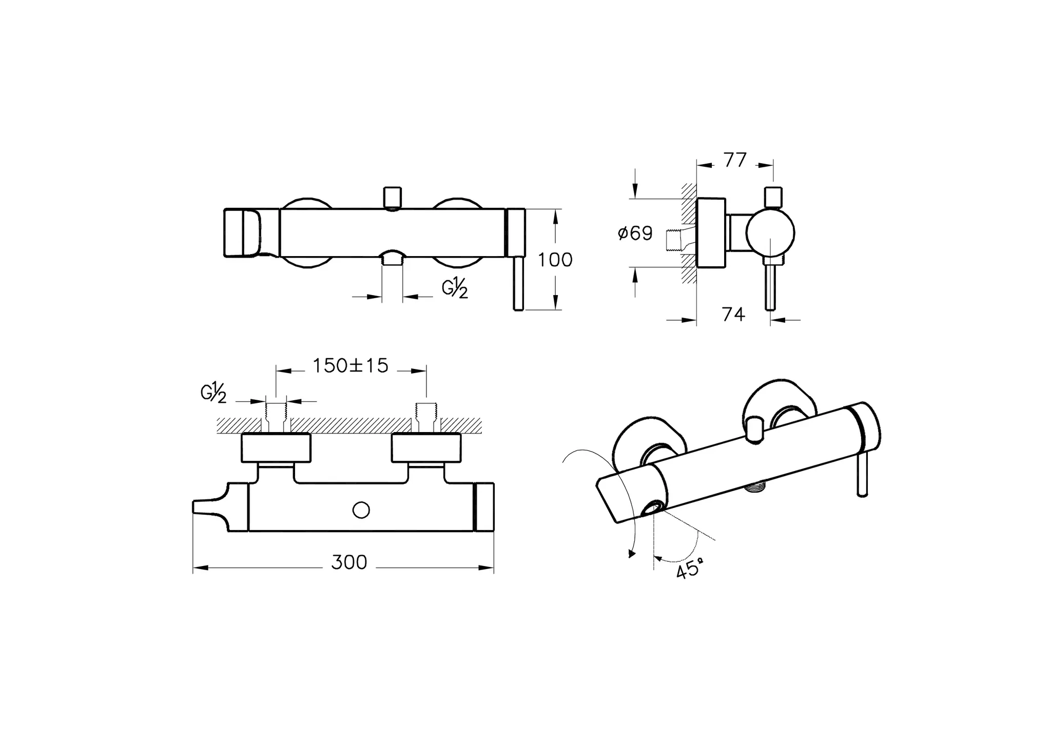 VitrA Origin Zweigriff-Wannenfüll- und Brausearmatur Aufputzmontage Schwarz Matt