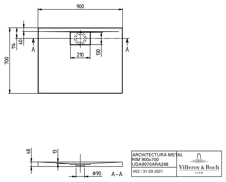 Villeroy & Boch rechteck Duschwanne „Architectura MetalRim“ 90 × 70 cm mit Antirutsch (VILBOgrip), in Weiß Alpin