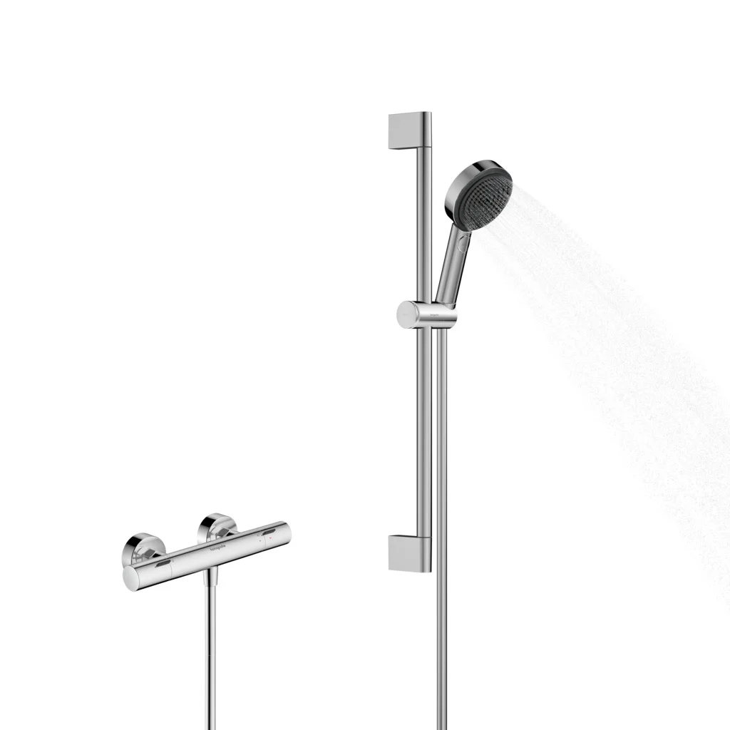 Hansgrohe Pulsify Select S Brausesystem mit Ecostat Fine Thermostat, 105 mm Brausekopf, 3 Strahlarten, Chrom, 65 cm Brausestange Hansgrohe Pulsify Select S Brausesystem mit Ecostat Fine Thermostat, 105 mm Brausekopf, 3 Strahlarten, Chrom, 65 cm Brausestange