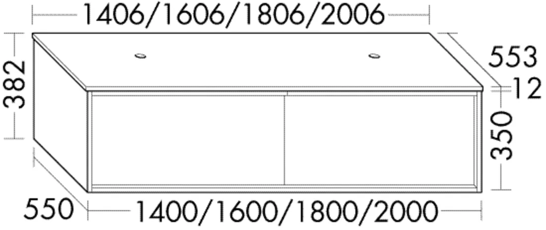Burgbad Waschtischunterschrank Uomo inkl. Konsolenplatte, 1406 mm breit, 382 mm hoch, 553 mm tief, 2 Auszüge, 420 mm Wanneneinbaumaß