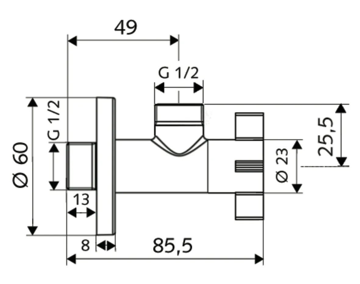 Design-Eckventil mit Regulierfunktion 4WING, Schubrosette Ø 60 mm, DN 15 G 1/2 AG, DN 15 G 1/2 AG, chrom