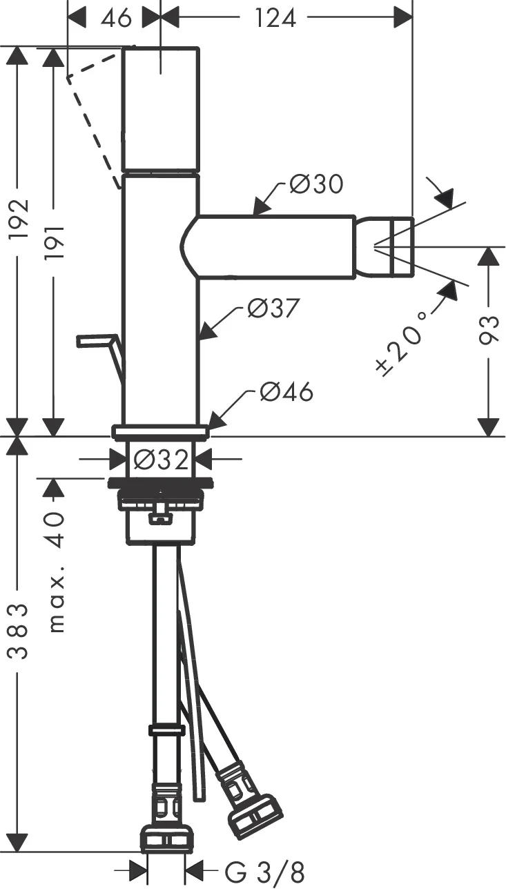 Hansgrohe AXOR Uno Bidetmischer, Chrom, Einhebel-Bedienung, Ausladung 124 mm, Auslaufhöhe 93 mm, Keramikmischsystem, Normalstrahl, max. Durchfluss 5 l/min bei 3 bar