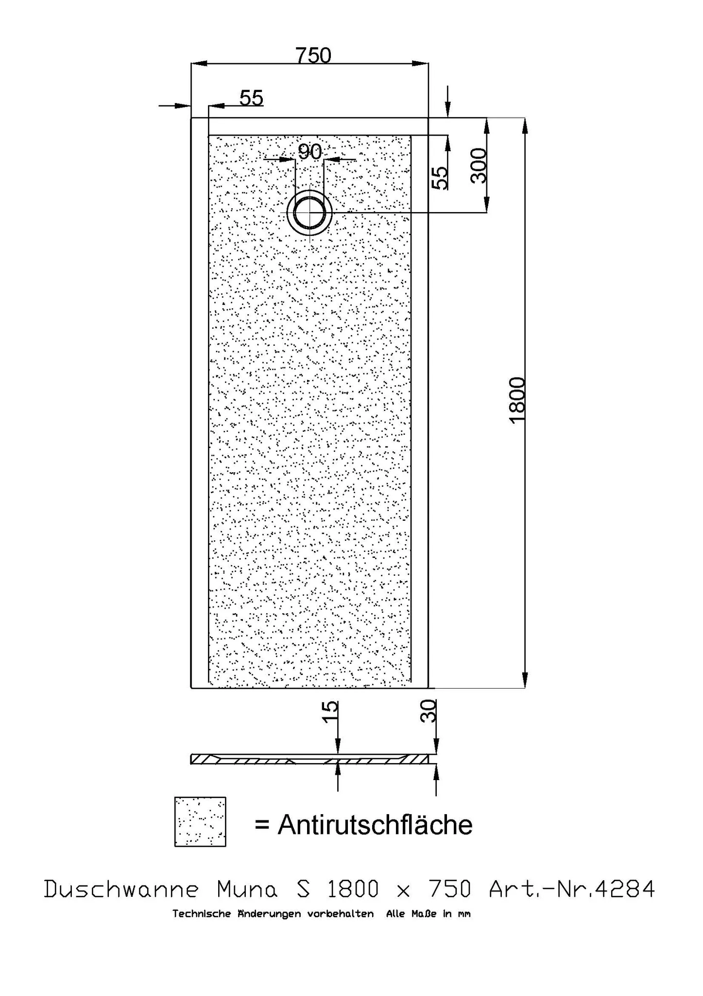 Duschwanne „Muna S“ Rechteck 180 × 75 cm in Telegrau