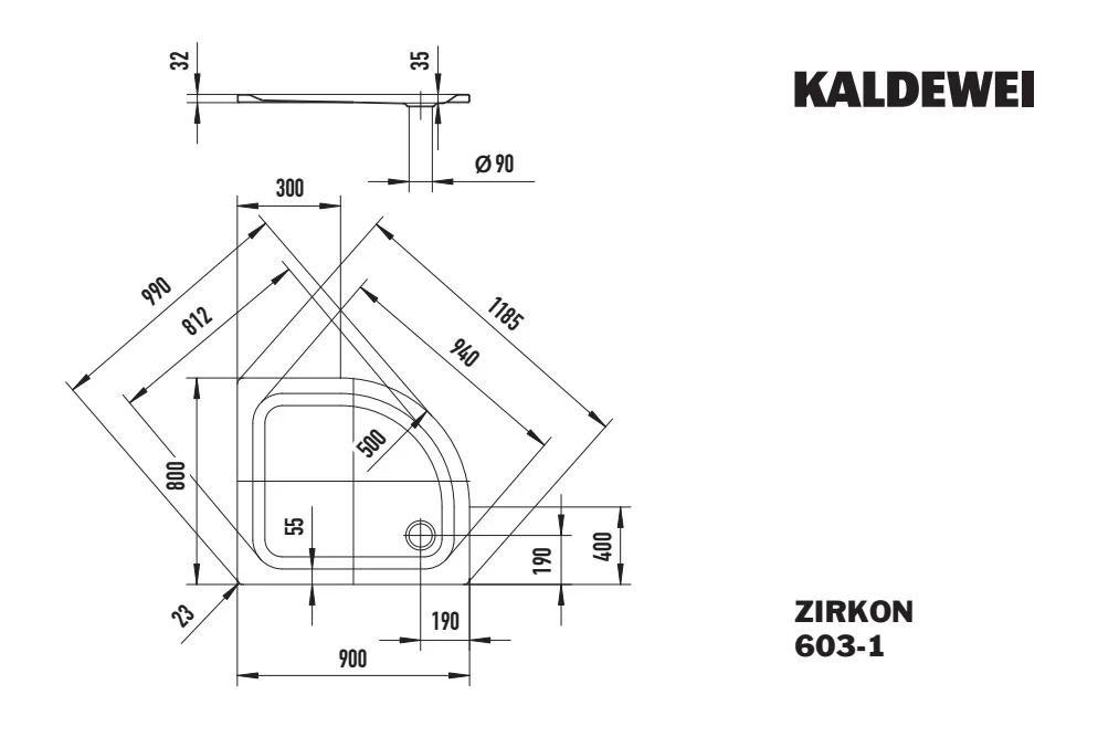 Kaldewei ZIRKON Duschfläche, Viertelkreis, 900x800x35 mm, cool grey 30, Invisible Grip