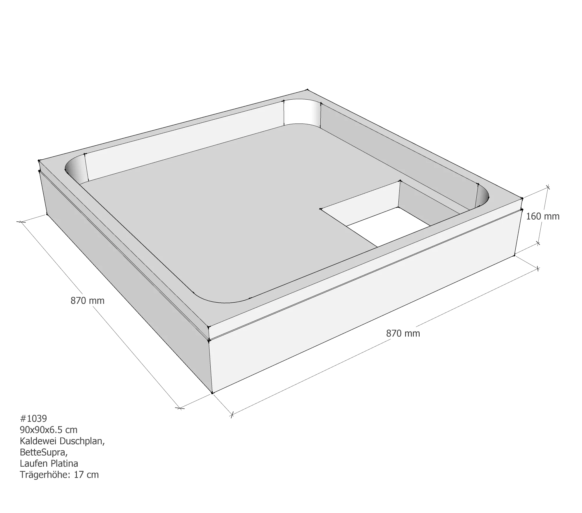 Duschwannenträger passend für BetteSupra, Kaldewei Duschplan, Laufen Platina 90 × 90 × 6,5 cm