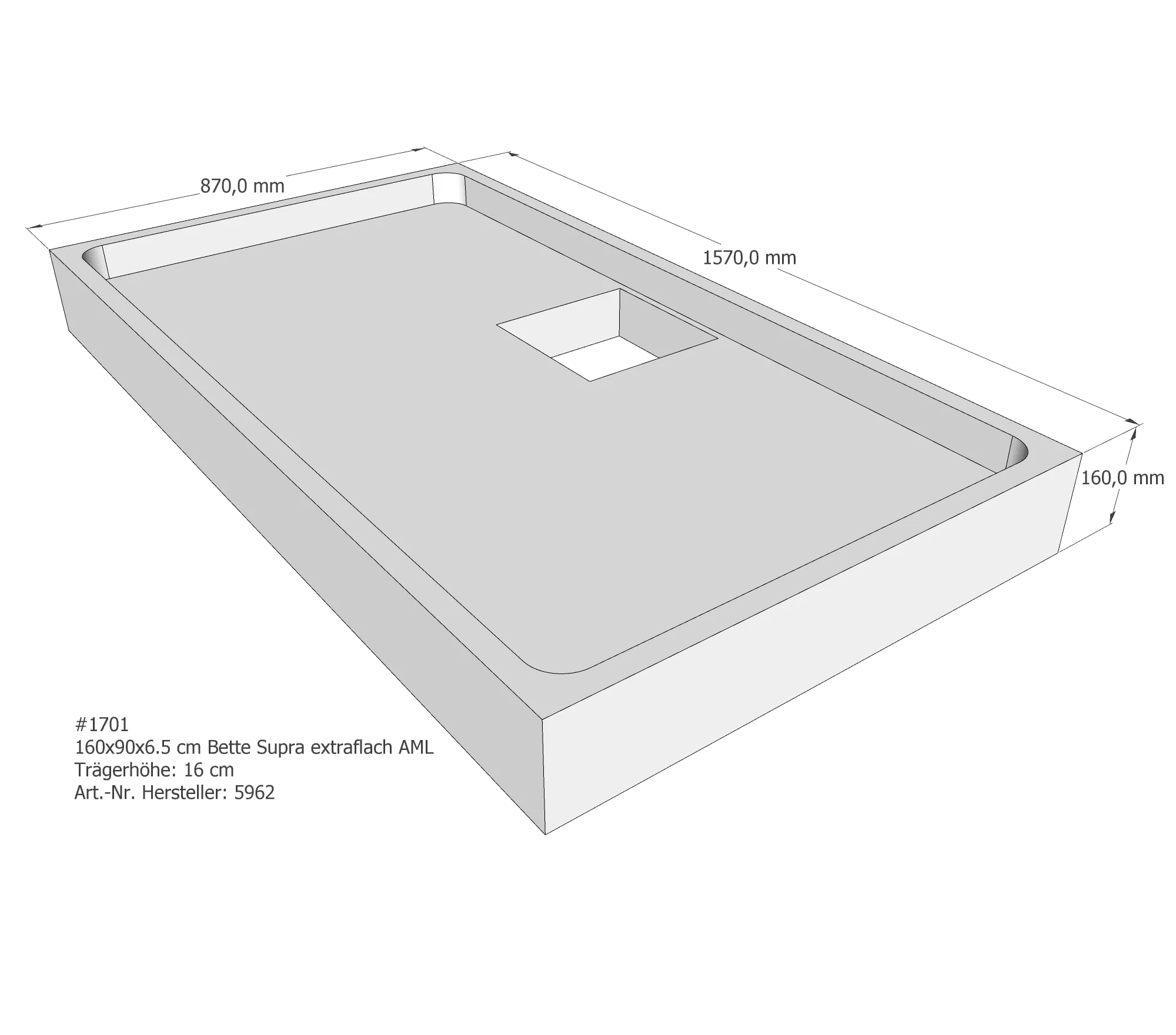 Duschwannenträger für Bette Supra (extraflach) 160 × 90 × 6,5 cm Breite: 90 cm / Länge: 160 cm