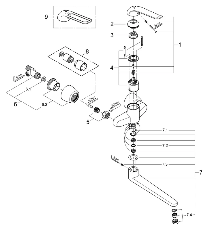 Einhand-Waschtischbatterie Euroeco Special 32775, Wandmontage, Ausladung 342 mm, 46 mm Keramikkartusche, Hebellänge 170 mm, chrom