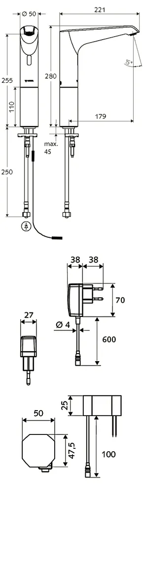Waschtisch-Armatur XERIS E, Elektronisch, HD-K large - Hochdruck Kaltwasser / vorgemischtes Wasser, Infrarot, Steckernetzteil 9 VDC, 100 - 240 VAC, 50 - 60 Hz, chrom