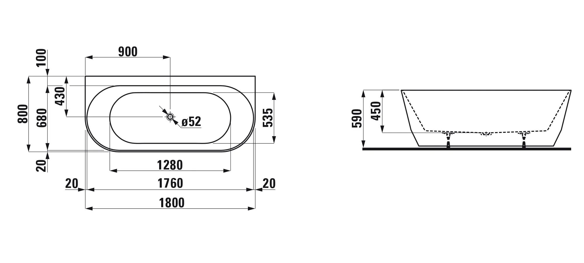 Laufen Badewanne „PRO“ vorwand 180 × 80 cm, mittig