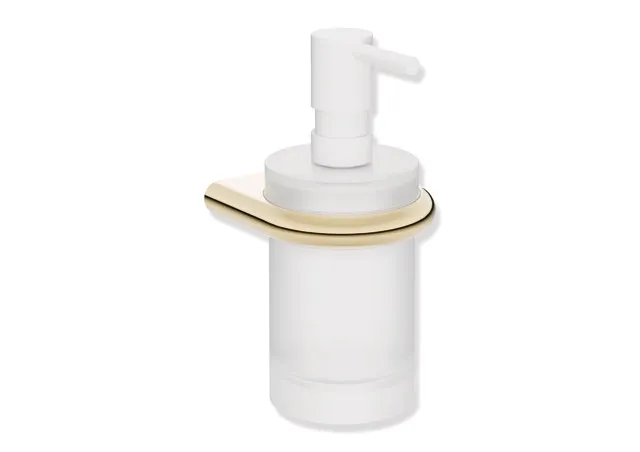 Seifenspender mit Halter, Halter Edelstahl, PVD beschichtet, Seifenspender aus satiniertem Kristallglas, Pumpenkopf Edelstahl, weiß tiefmatt pulverbeschichtet, Füllmenge ca. 200 ml, Breite 85 mm, Höhe 168 mm, Tiefe 92 mm, in Farbe CK
