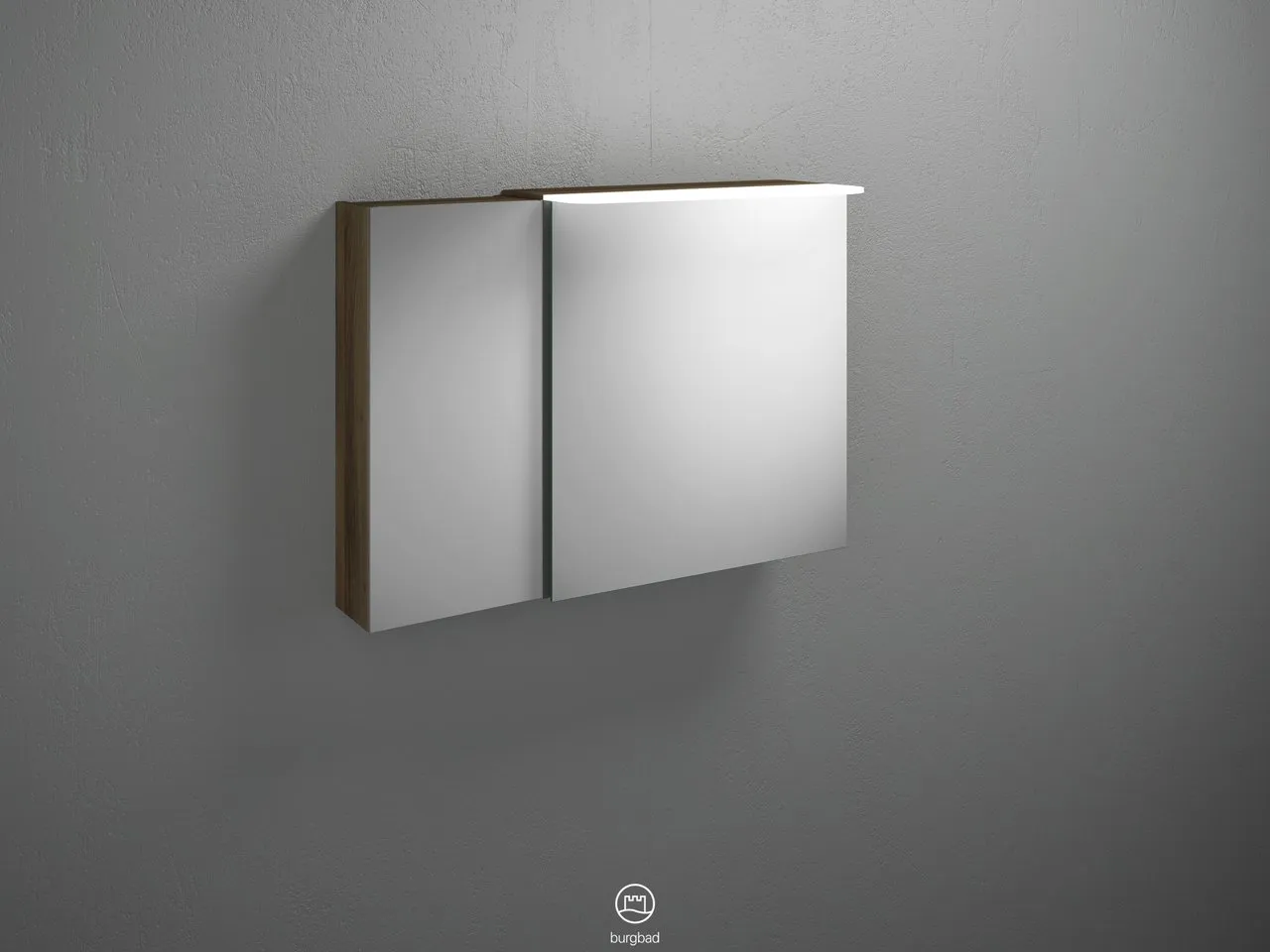 Spiegelschrank Badu von burgbad - 900 mm breit, 310 mm tief, 665 mm hoch mit LED-Aufsatzleuchte und beidseitig verspiegelten Spiegeltüren Spiegelschrank Badu von burgbad - 900 mm breit, 310 mm tief, 665 mm hoch mit LED-Aufsatzleuchte und beidseitig verspiegelten Spiegeltüren