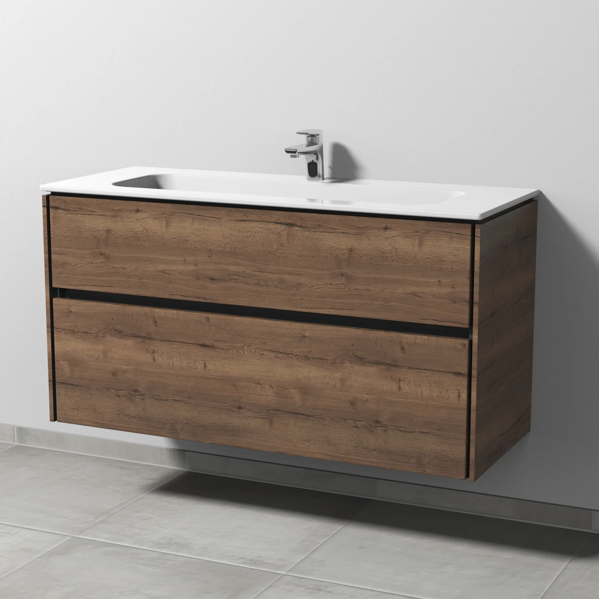 Keramik-Waschtisch-Set mit Waschtischunterschrank „Twiga“ 119 × 46 × 61 cm in Eiche Tabak, ohne Beleuchtung, mit Hahnlochbohrung