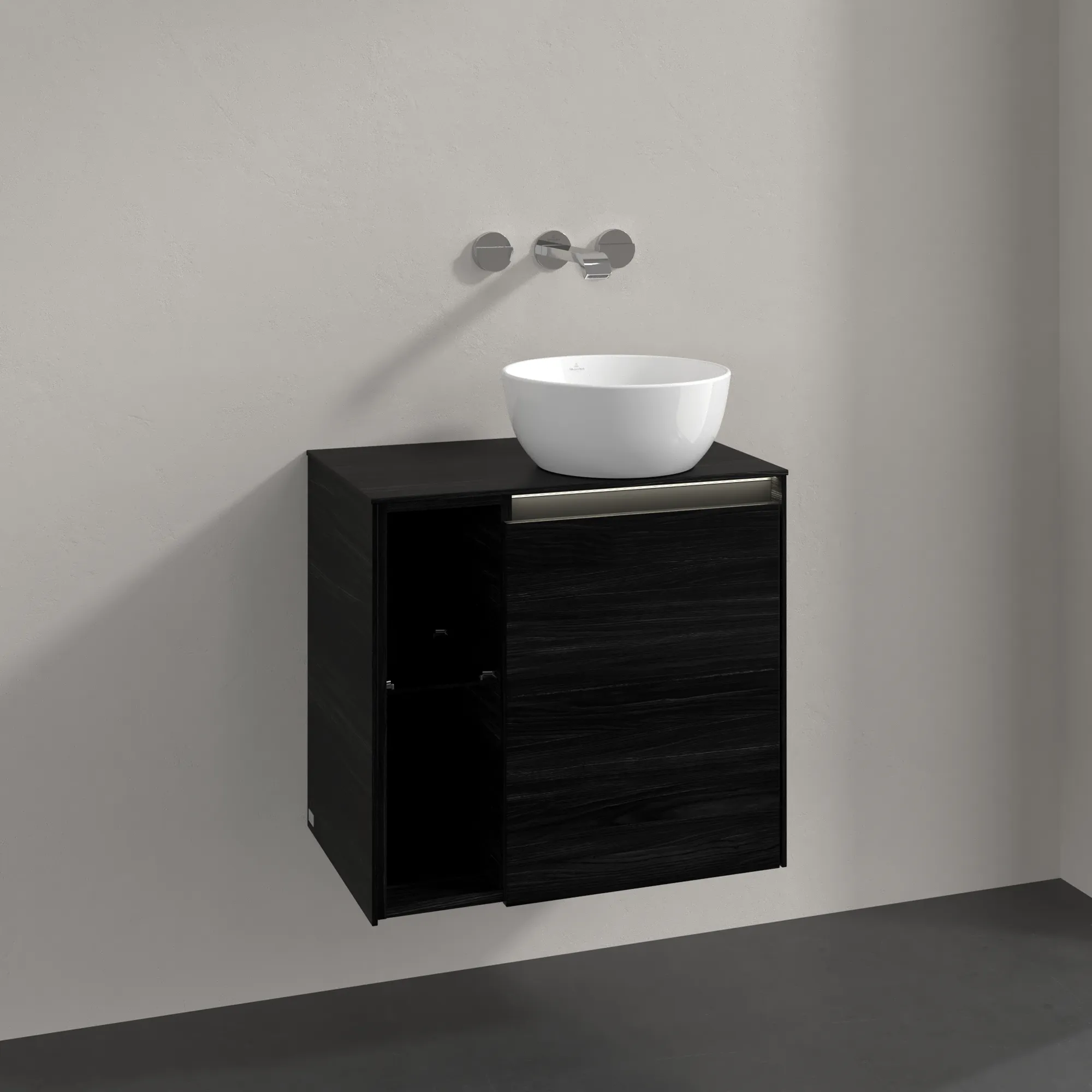 Villeroy & Boch Waschtischunterschrank „Collaro“ 600 × 548 × 380 mm Black Oak, für Becken rechts, Anschlag rechts, mit Beleuchtung Villeroy & Boch Waschtischunterschrank „Collaro“ 600 × 548 × 380 mm Black Oak, für Becken rechts, Anschlag rechts, mit Beleuchtung