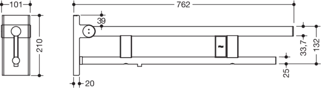 Stützklappgriff Duo, Design A des Systems 900, Edelstahl, PVD, Ausladung 750 mm, mit Spülauslösung (E-Ausführung), Ausführung links, in Farbe CK (messing glänzend)