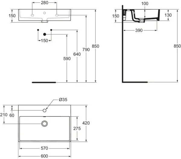 Waschbecken „Strada“ 60 × 42 × 14,5 cm, Hahnlochposition mittig Waschbecken „Strada“ 60 × 42 × 14,5 cm, Hahnlochposition mittig