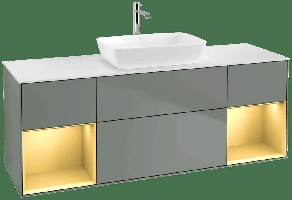 Villeroy & Boch Waschbeckenunterschrank Finion F86, 1600x603x501mm, Olive Matt Lacquer / Gold Matt Lacquer / Glass White Matt Villeroy & Boch Waschbeckenunterschrank Finion F86, 1600x603x501mm, Olive Matt Lacquer / Gold Matt Lacquer / Glass White Matt