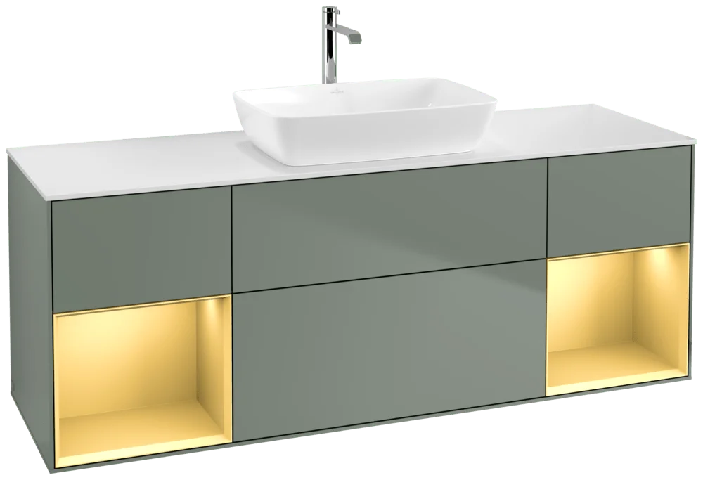 Villeroy & Boch Waschbeckenunterschrank Finion F86, 1600x603x501mm, Olive Matt Lacquer / Gold Matt Lacquer / Glass White Matt