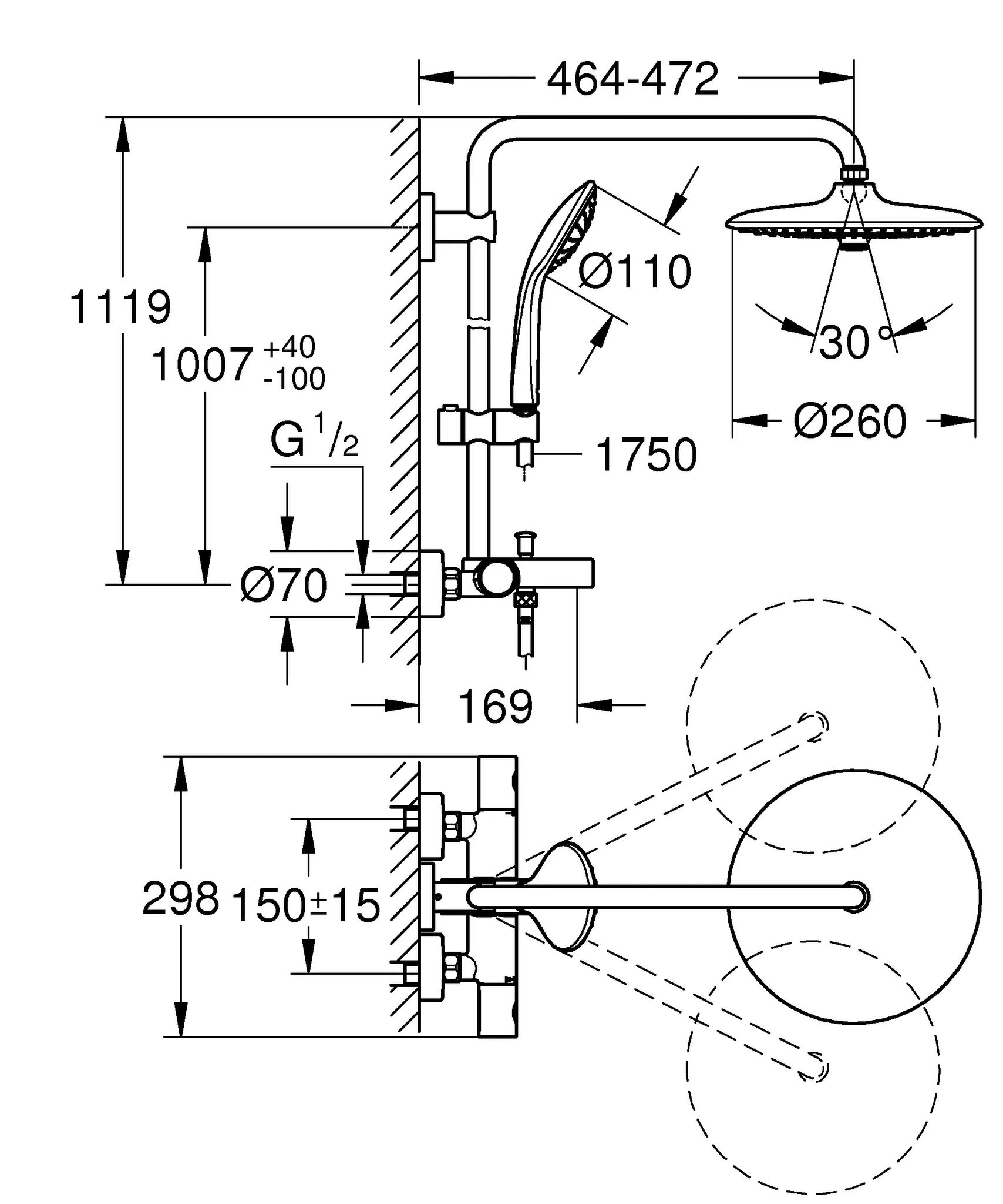 Grohe Euphoria 260 Duschsystem mit Thermostat-Wannenbatterie chrom Grohe Euphoria 260 Duschsystem mit Thermostat-Wannenbatterie chrom